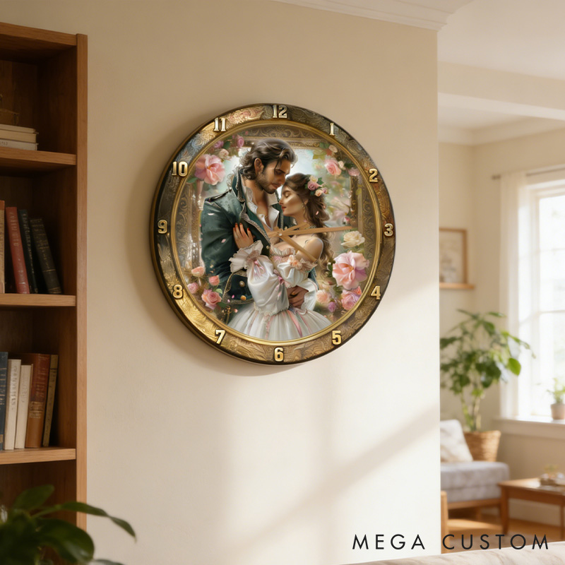 Personalized Couple Photo Romantic Floral Wall Clock Custom Court Style Watercolor Floral 3D Effect Wall Clock Anniversary Valentines Day Gift