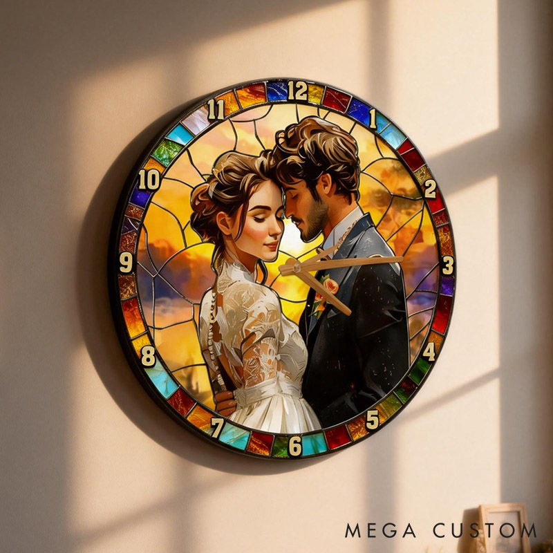 Personalized Couple Photo Stained Glass Design Wall Clock Custom Watercolor 3D Effect Wall Clock with Couple Photo Anniversary Valentines Day Gift