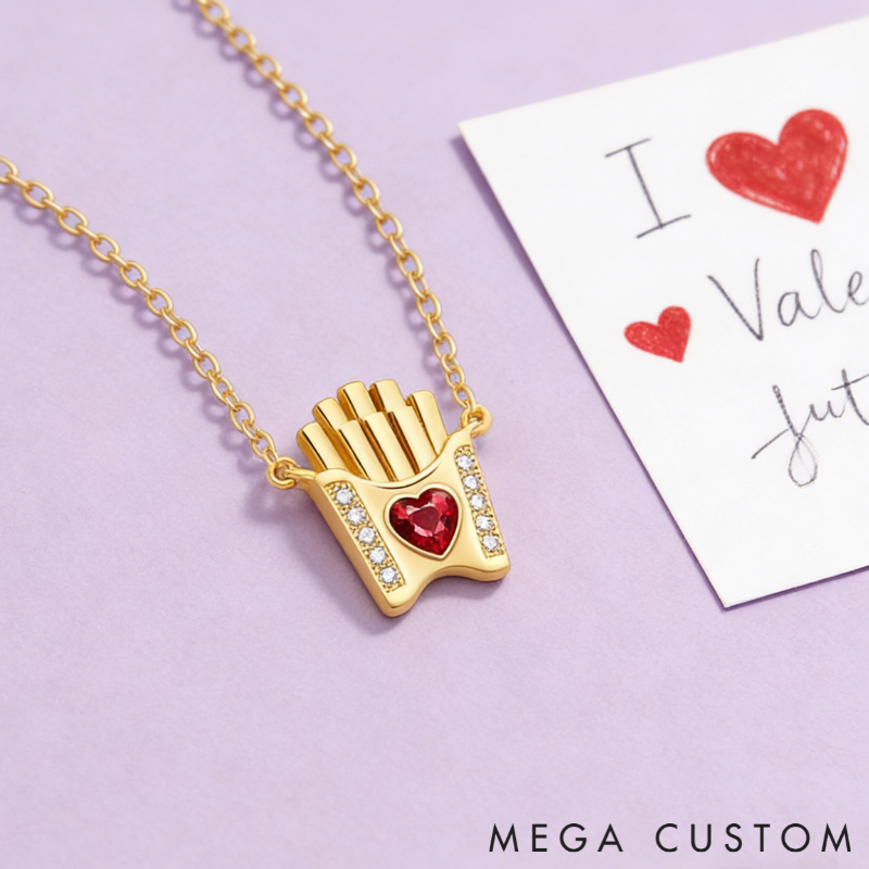 Personalized Fun Sterling Silver French Fries Pendant Necklace with Custom Birthstone