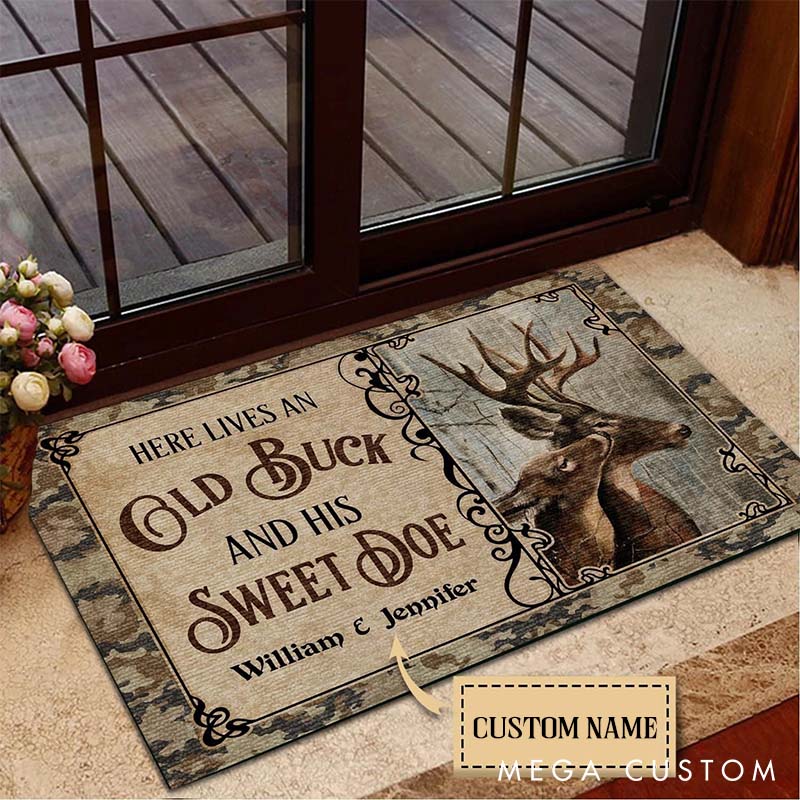 Personalized Deer Here Lives Old Buck Sweet Doe Doormat Custom Rustic Deer Couple Doormat Couple Holiday Anniversary Gift