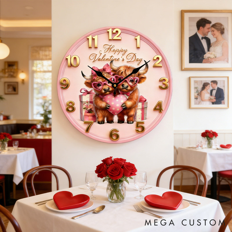 Personalized Highland Cow Couple Happy Valentine's Day Wall Clock Custom Pink Highland Cow Holding Heart 3D Effect Wall Clock Valentines Day Gift