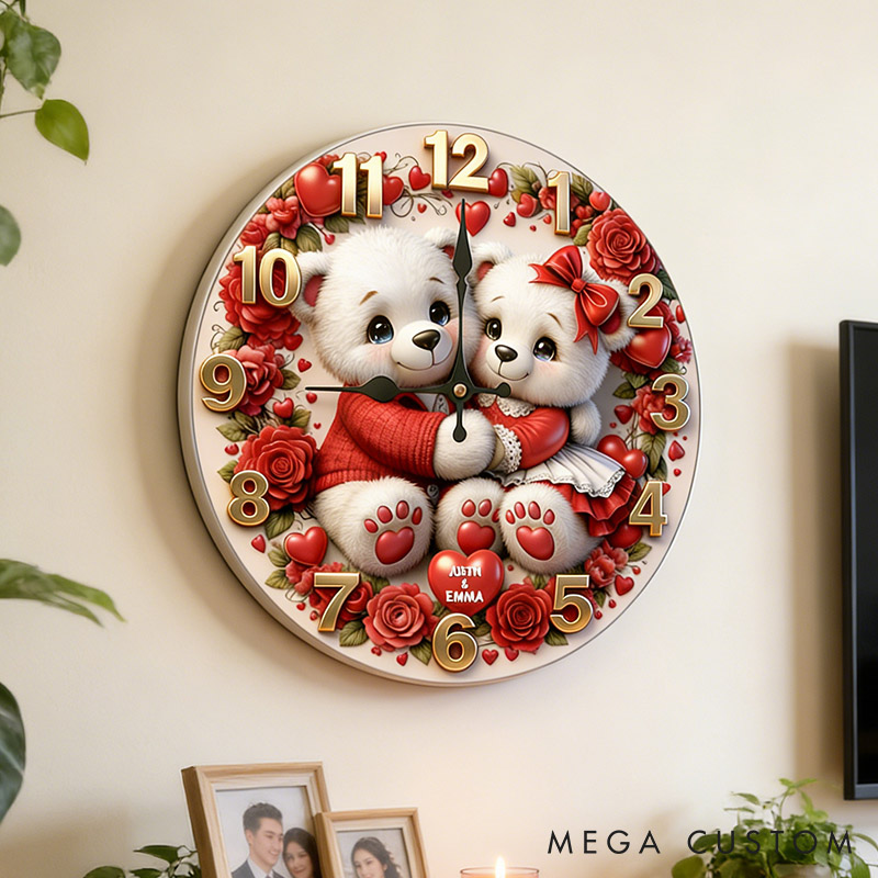 Personalized Bear Couple Happy Valentine's Day Wall Clock Custom Red Rose Bear with Heart 3D Effect Wall Clock Anniversary Valentines Day Gift