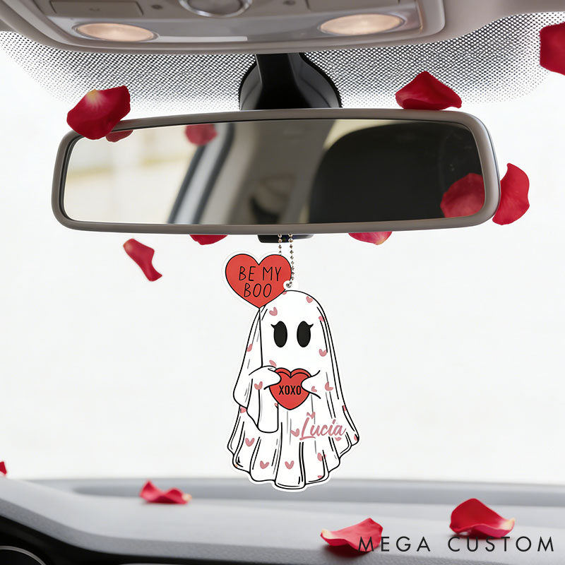 Personalized Couple Be My Boo Ghost Acrylic Ornament Custom Ghost Holding Hearts Car Ornament with Name Anniversary Valentine's Day Gift for Him Her