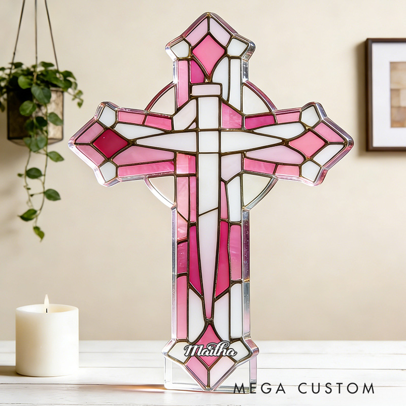 Personalized Stained Glass Cross Custom Shaped Acrylic Plaque with Custom Name Religious Gift Prayer Gift for Christians