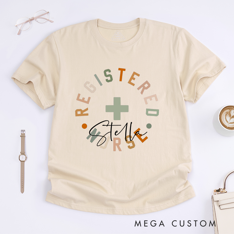 Personalized Registered Nurse T-Shirt with Bold Circular Customizable Name Design Gift for Nurse