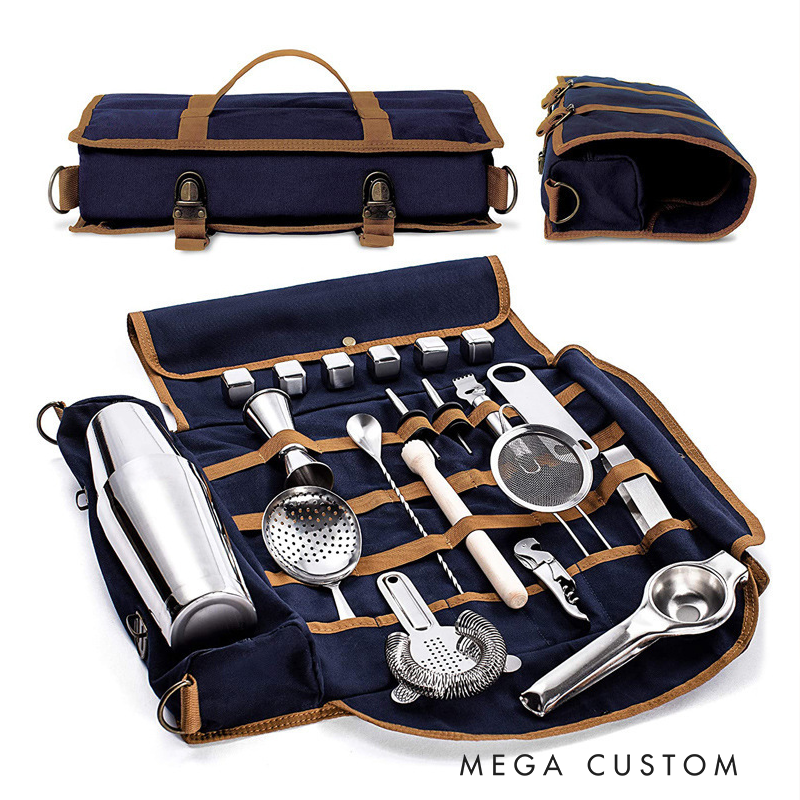 Personalized Premium Roll-Up Bartender Kit – Leatherette Travel Cocktail Tool Set with Stainless Steel Accessories