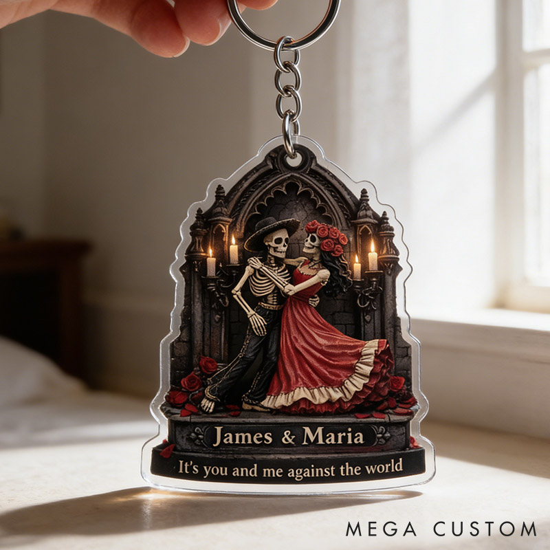 Personalized Gothic Skeleton Couple Keychain Custom Skull Couple Keychain Valentine's Anniversary Gift for Him Her
