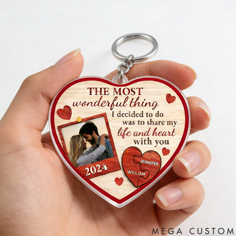 Personalized Couple Photo Portrait Keychain Custom The Most Wonderful Thing Heart Puzzle Keychain Anniversary Gift Valentines Day Gift for Him Her
