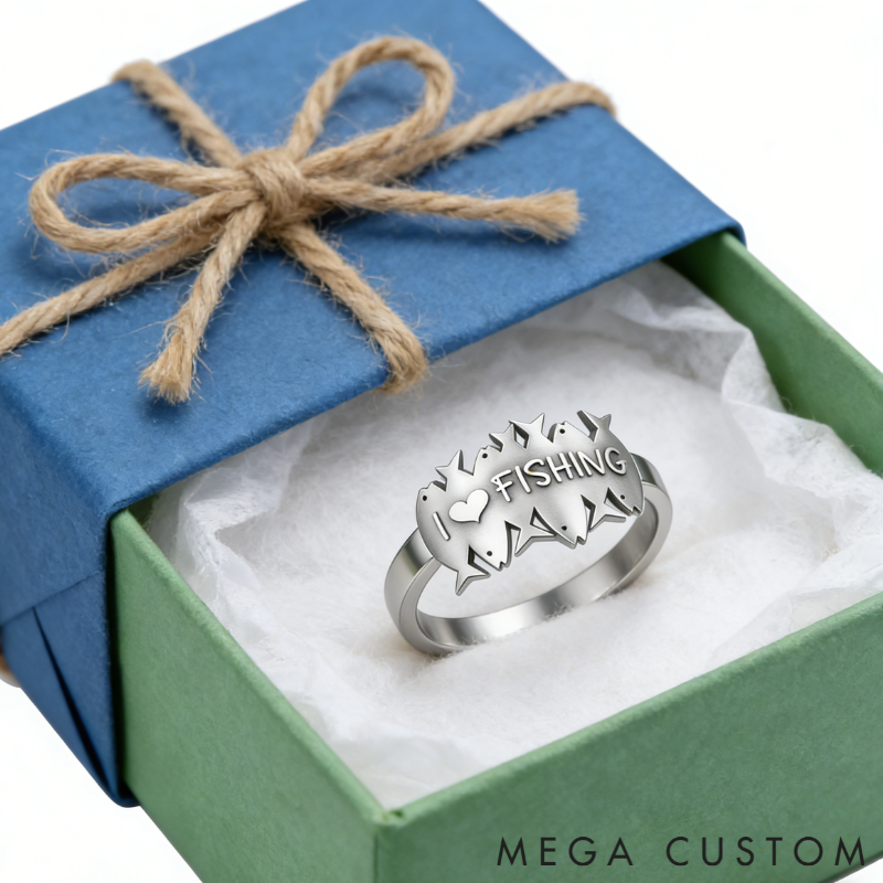 Personalized I Love Fishing & You Ring Engraved Romantic Gift for Anglers Fisherman's Surprise Present