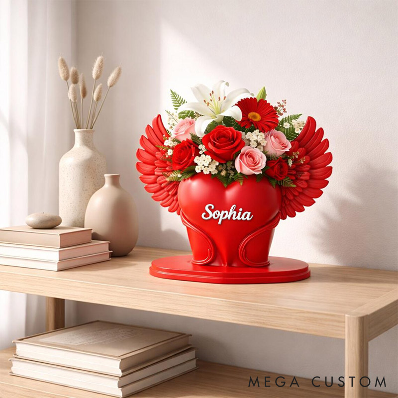 Personalized Valentine's Day Heart with Wings Flower Vase Custom Couple 3D Printed Red Heart Flower Vase with Text Valentine's Day Anniversary Gift