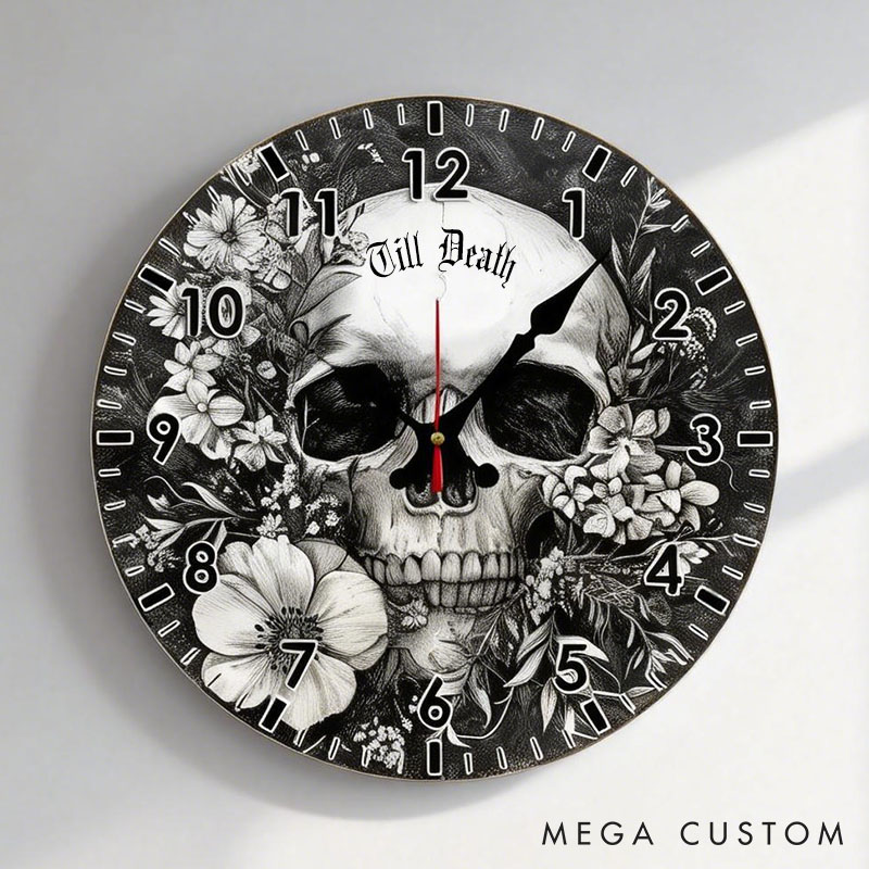 Personalized Man Skull Floral Till Death Wall Clock Custom Boyfriend Husband Gothic Style Graphic 3D Printed Wall Clock Valentines Day Gift for Him