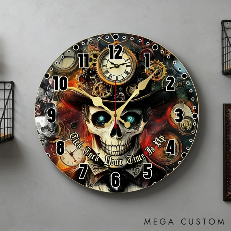 Personalized Man Skull Tick Tock Your Time Is Up Wall Clock Custom Boyfriend Husband Gothic Graphic 3D Printed Wall Clock Valentines Day Gift for Him