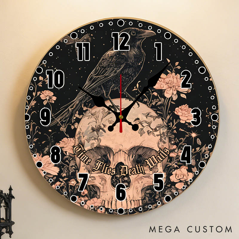 Personalized Man Skull Time Flies Death Waits Wall Clock Custom Boyfriend Husband Gothic Graphic 3D Printed Wall Clock Valentines Day Gift for Him