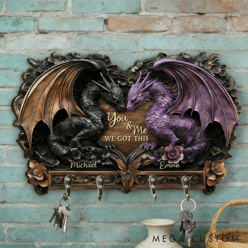 Personalized You and Me We Got This Dragon Couple Wooden Key Rack Custom Graphic 3D Printed Effect Key Hanger Anniversary Valentines Day Gift