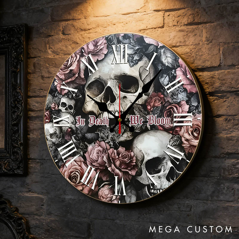 Personalized Couple Skull and Rose In Death We Bloom Wall Clock Custom Gothic Style Graphic 3D Printed Wall Clock Anniversary Gift Valentines Day Gift