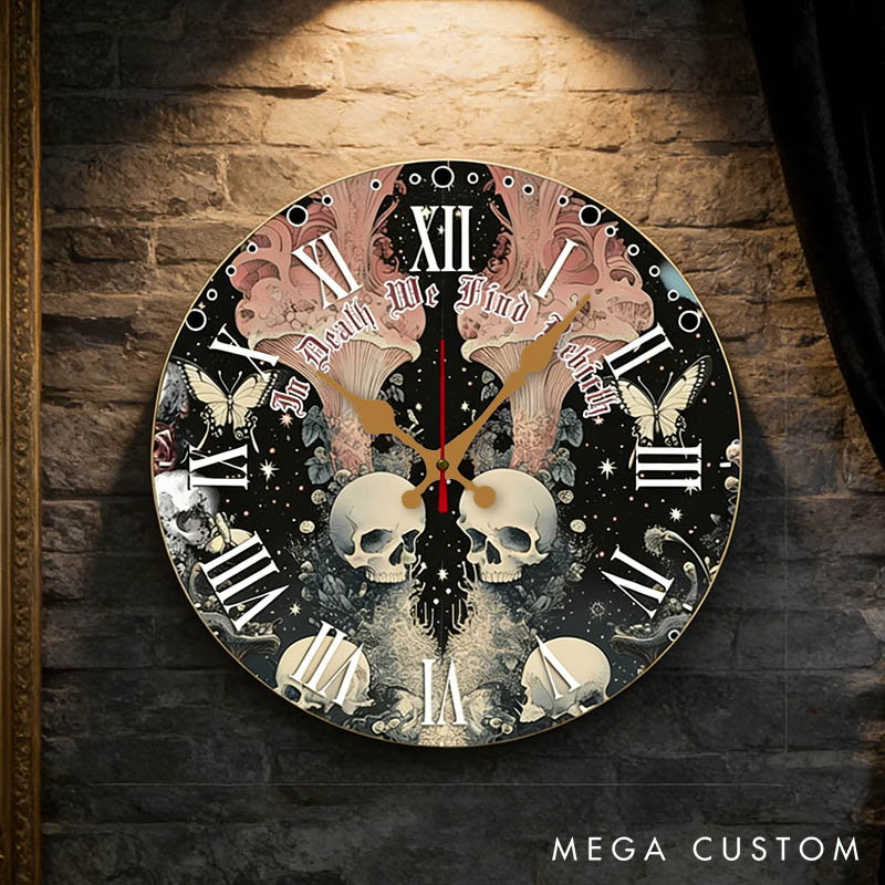 Personalized Couple Skull Butterfly In Death We Find Rebirth Wall Clock Custom Gothic Style Graphic 3D Printed Clock Anniversary Valentines Day Gift