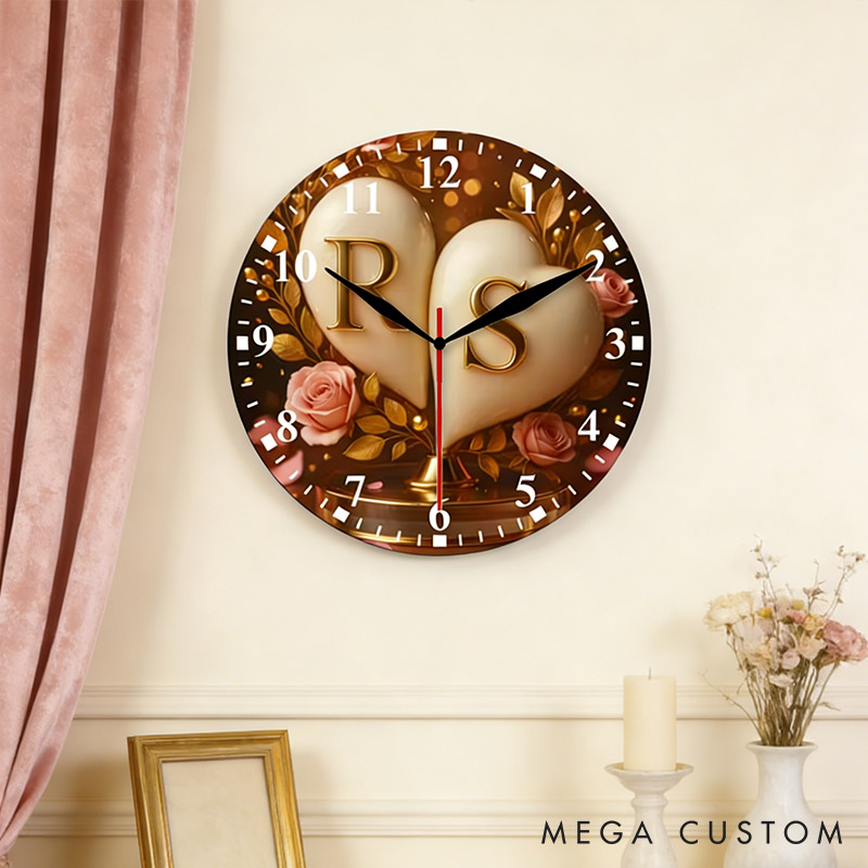 Personalized Couple Two Intertwined Hearts with Pink Rose Wall Clock Custom Romantic Golden 3D Effect Name Wall Clock Anniversary Valentines Day Gift