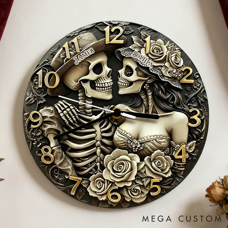 Personalized Skeleton Couple Till Death Do Us Part Wall Clock Custom Retro Gothic Style 3D Effect Wall Clock Anniversary Gift Valentine's Day Gift