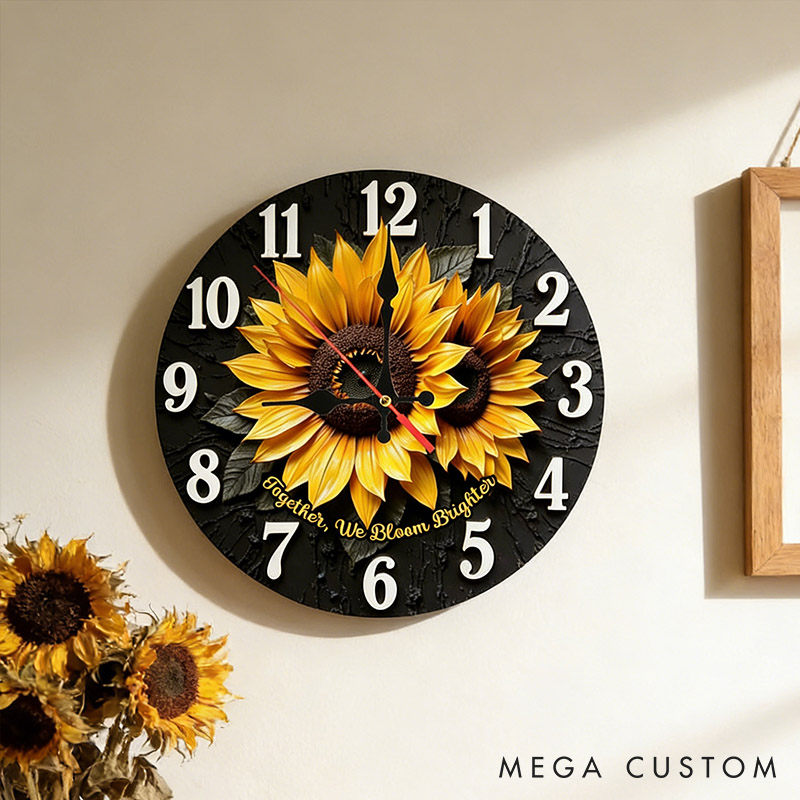 Personalized Couple Sunflower Together We Bloom Brighter Wall Clock Custom 3D Effect Wall Clock Anniversary Gift Valentine's Day Gift for Him Her