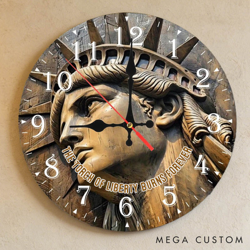 Personalized Man Woman The Torch of Liberty Burns Forever Wall Clock Custom 3D Effect Clock Independence Day Gift Valentine's Day Gift for Him Her