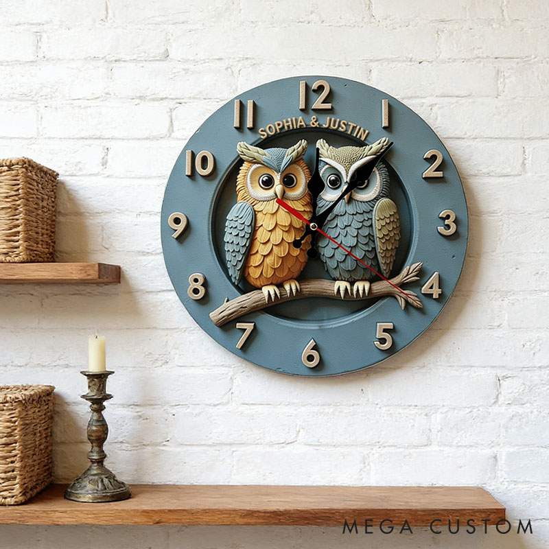 Personalized Owl Couple Wall Clock Custom Romantic Owl Couple on a Branch 3D Effect Clock with Name Anniversary Gift Valentine's Day Gift for Him Her