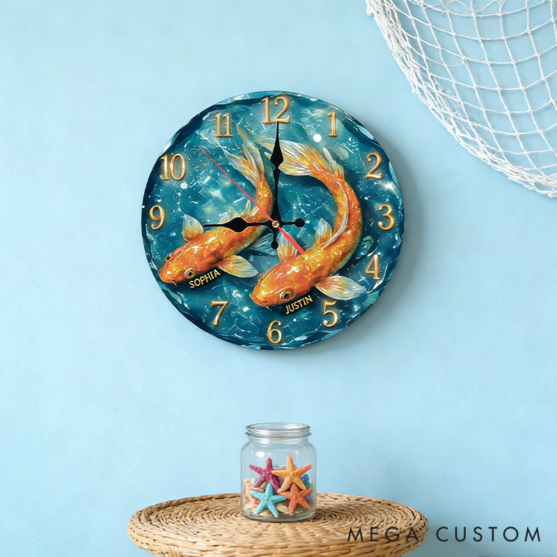Personalized Koi Fish Couple Wall Clock Custom Romantic Koi Fish Couple Swimming Together 3D Effect Clock Anniversary Valentine's Day Gift for Him Her