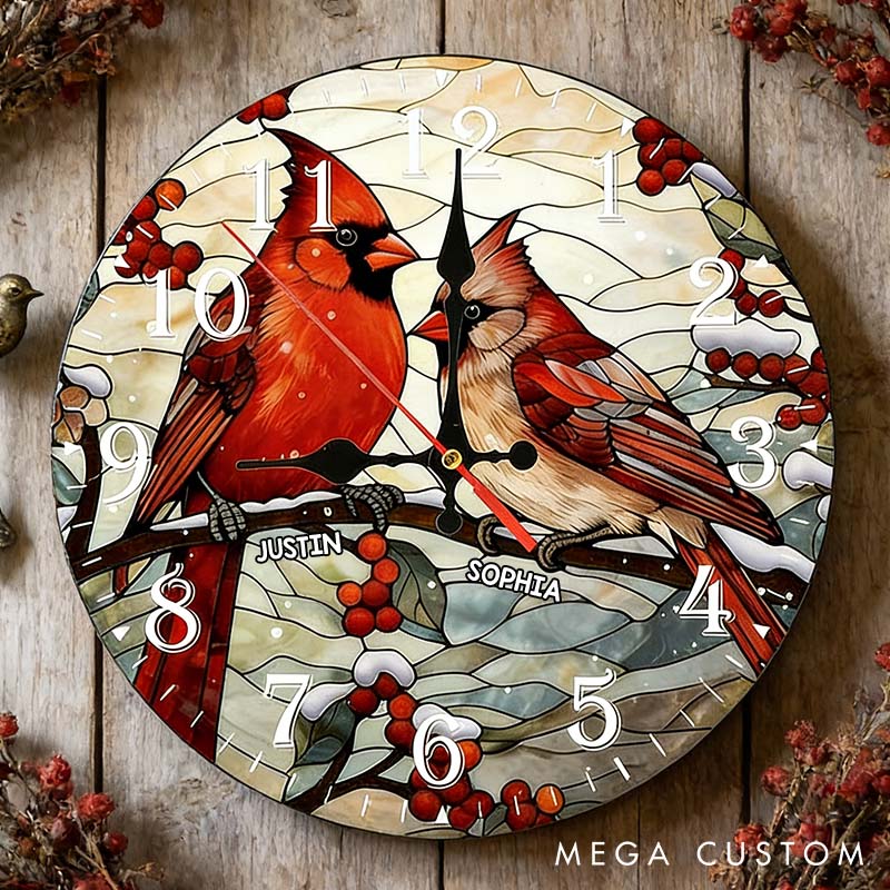 Personalized Couple Vibrant Cardinals Perched on a Branch Wall Clock Custom Stained Glass Design Clock Anniversary Valentines Day Gift for Him Her