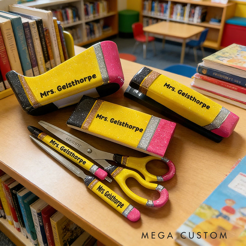 Personalized 6 Piece Glitter Pencil Resin Office Supply Set Resin Scissors Resin Stapler Resin Pen Glitter Stapler Set Custom Desk Set