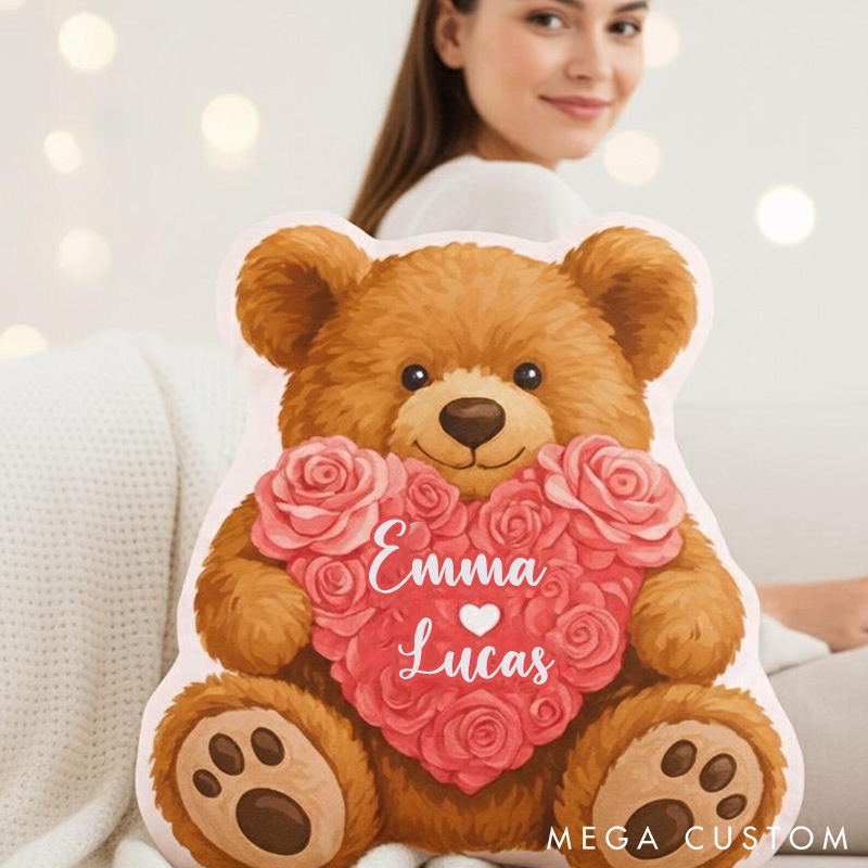 Personalized Teddy Bear Shape Pillow Custom Name Romantic Anniversary Cushion Decor Pillow Valentine Gift for Her