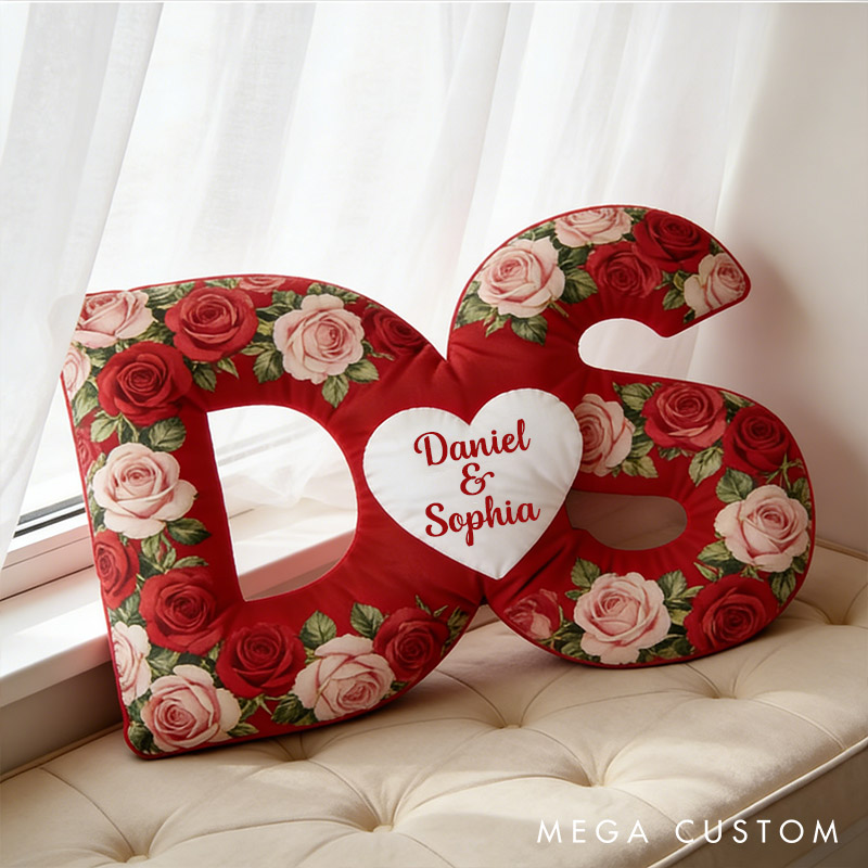 Personalized Initial Heart Pillow Romantic Rose Design Throw Pillow for Wife Girlfriend Valentines Gift for Her