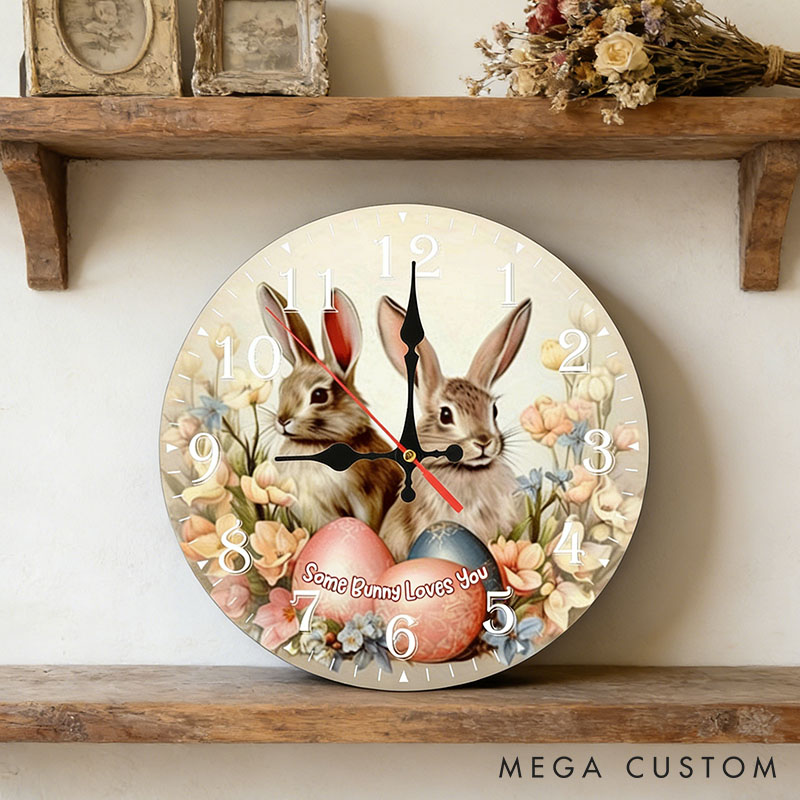 Personalized Couple Some Bunny Loves You Wall Clock Custom Easter Floral Bunny with Eggs Wall Clock with Text Easter Gift for Him Her Anniversary Gift