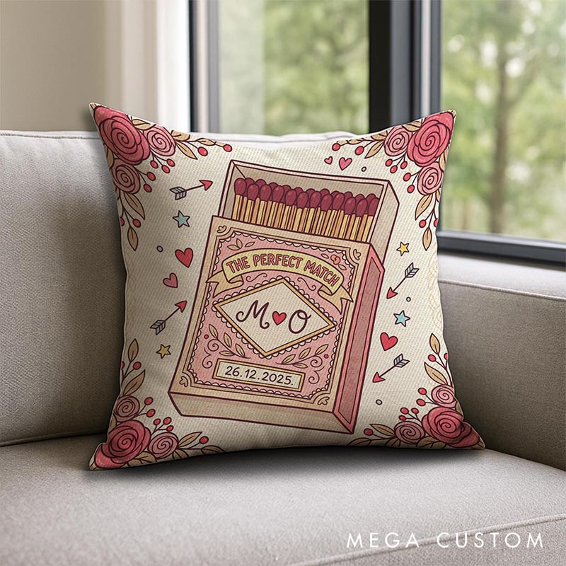 Personalized The Perfect Match Pillow Romantic Matchbox Design Couple Pillow Valentine's Gift Throw Pillow for Wife Anniversary Gift