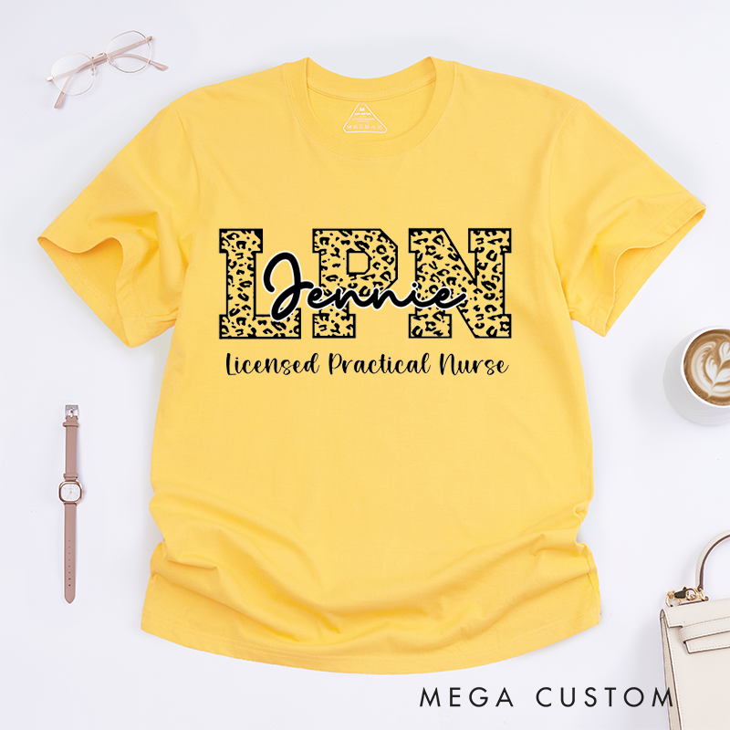 Personalized Trendy LPN T-Shirt with Leopard Print "LPN" and Personalized Typography Design Gift for Nurse