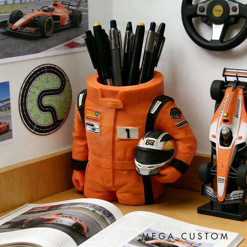 Racing Suit 3D Printed Pen Holder - F1-Themed Desk Organizer with Helmet Detail