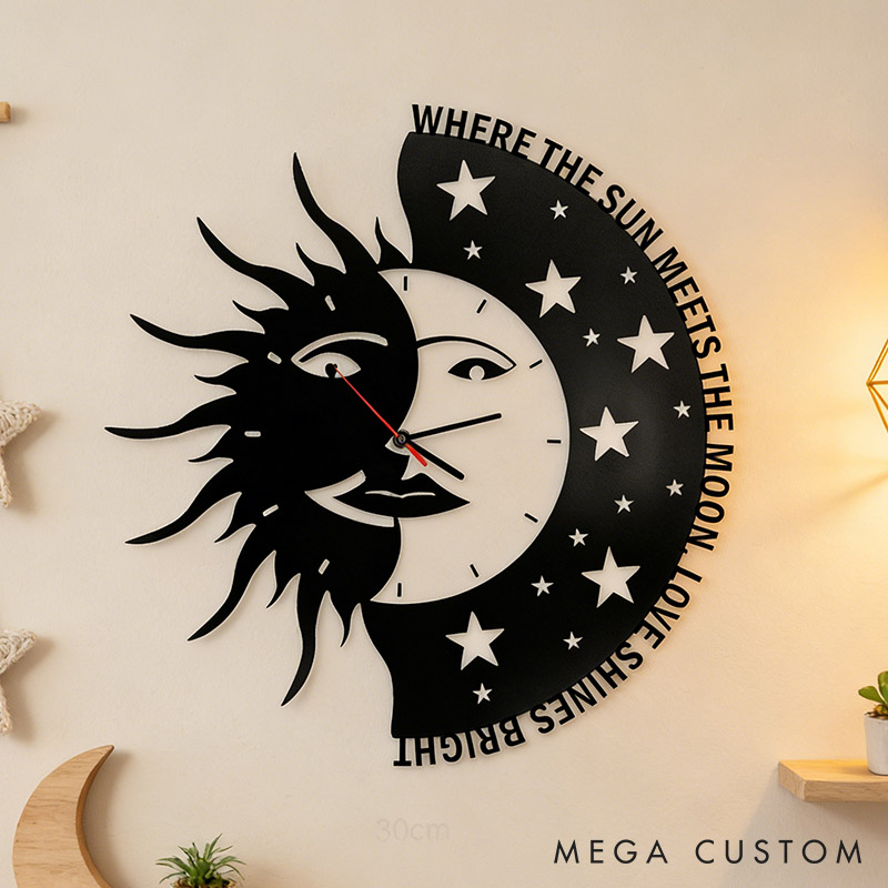 Personalized Couple Where the Sun Meets the Moon Love Shines Bright Metal Wall Clock Custom Wall Clock Anniversary Valentines Day Gift for Him Her