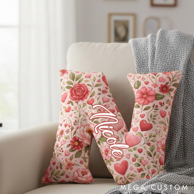 Personalized Floral Initial Pillow Custom Romantic Heart and Rose Throw Pillow Valentine's Gift for Wife Girlfriend