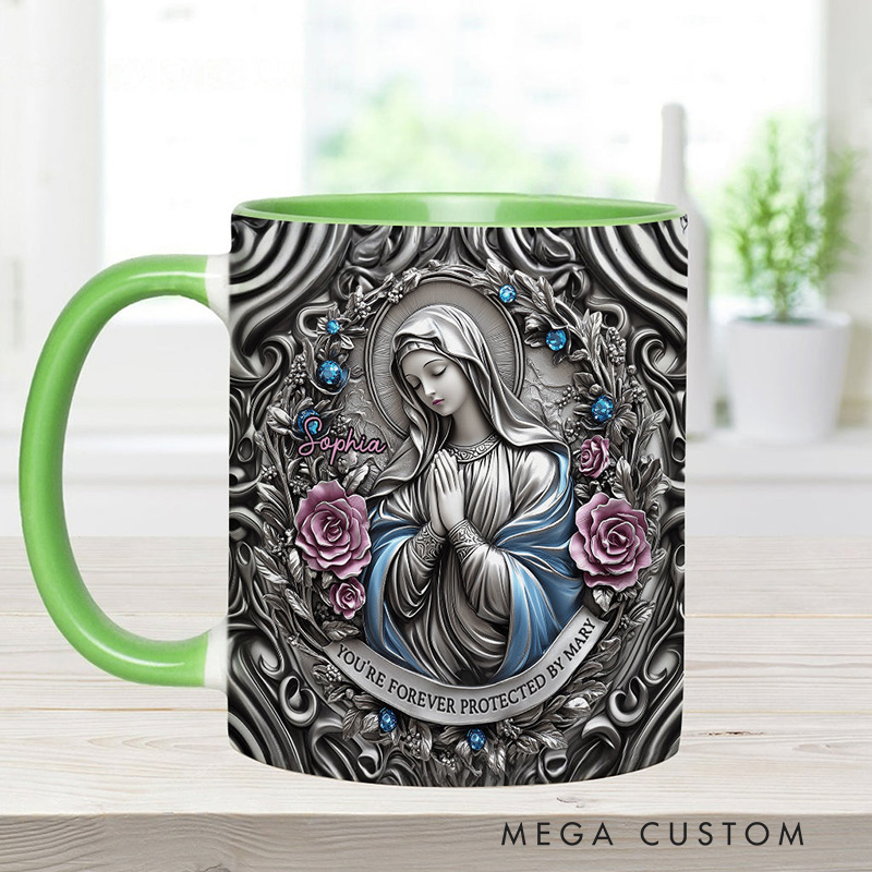 Personalized You're Forever Protected by Mary 11oz Ceramic Mug with Custom Name Religious 3D Coffee Mug Catholic Gift for Women