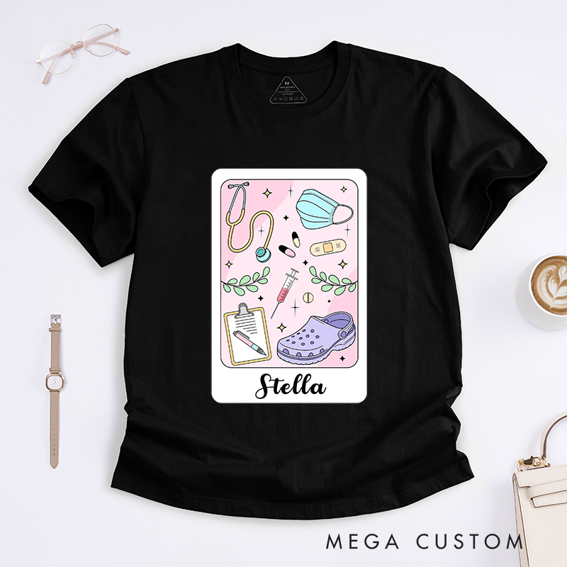 Personalized Pastel Nurse T-Shirt with Cute Medical Icons and Personalized Design Gift for Nurse
