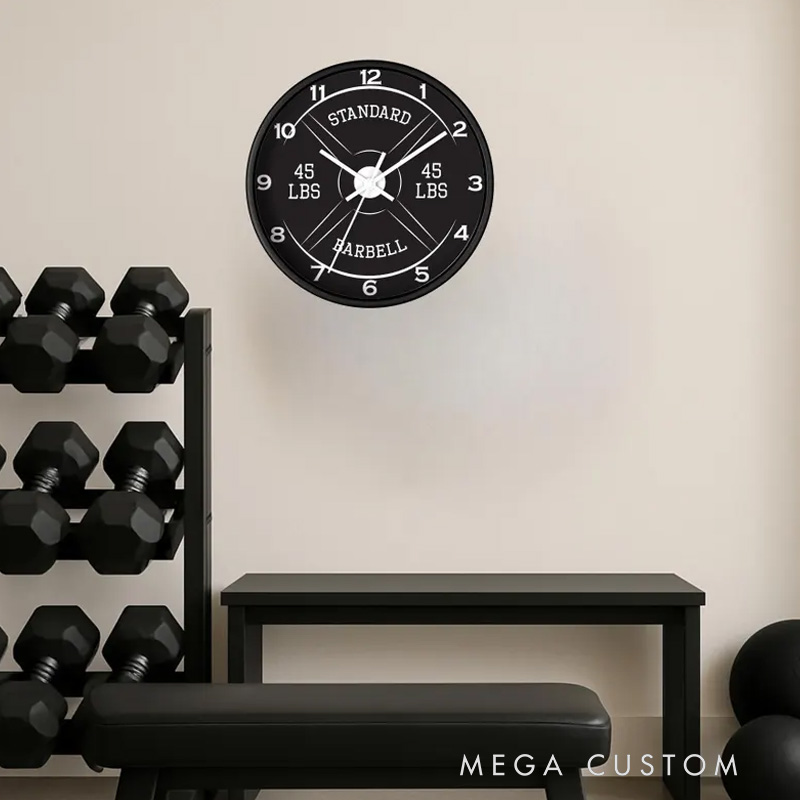 Personalized Gym Wall Clock 45lb Barbell Gym Clock Silent Analog Wall Decor Workout Clock Wall Clock for Gym Lover
