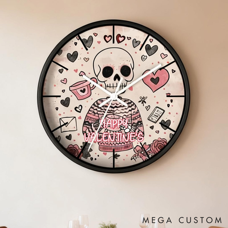 Personalized Skeleton Wall Clock Cute Goth Valentines Day Wall Decor Quirky Valentine's Day Skull Wall Clock Gift for Her Him