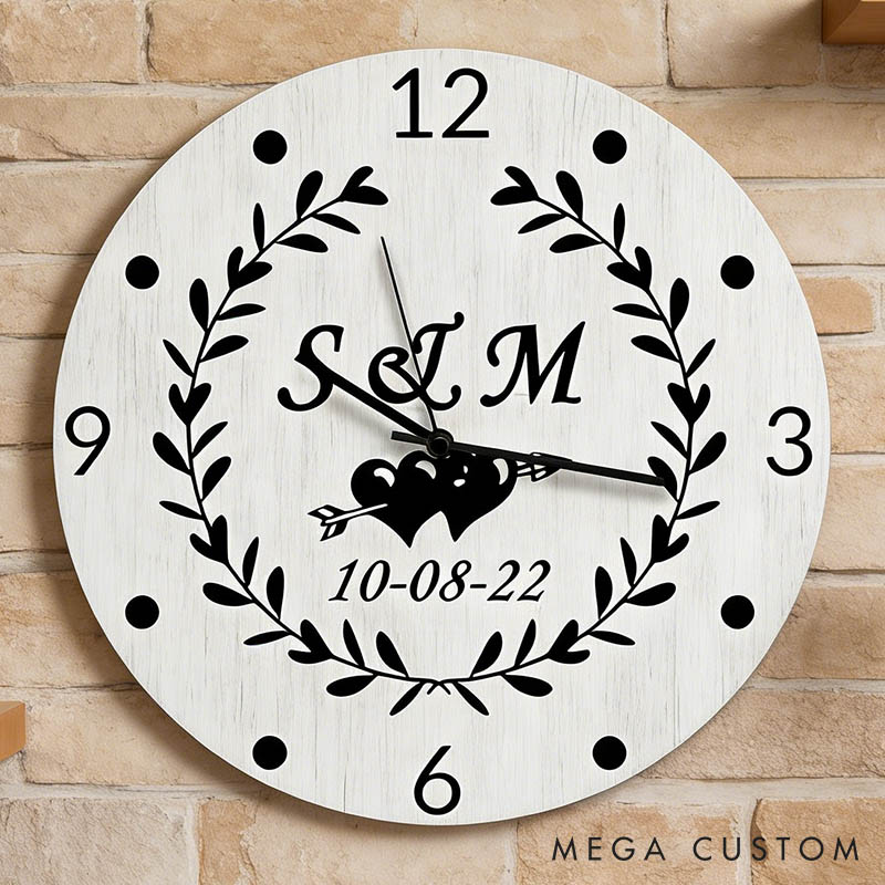 Personalized Couple Initials with Laurel Wreath Wall Clock Custom Newlyweds Wall Clock with Name and Date Anniversary Valentines Day Gift for Him Her
