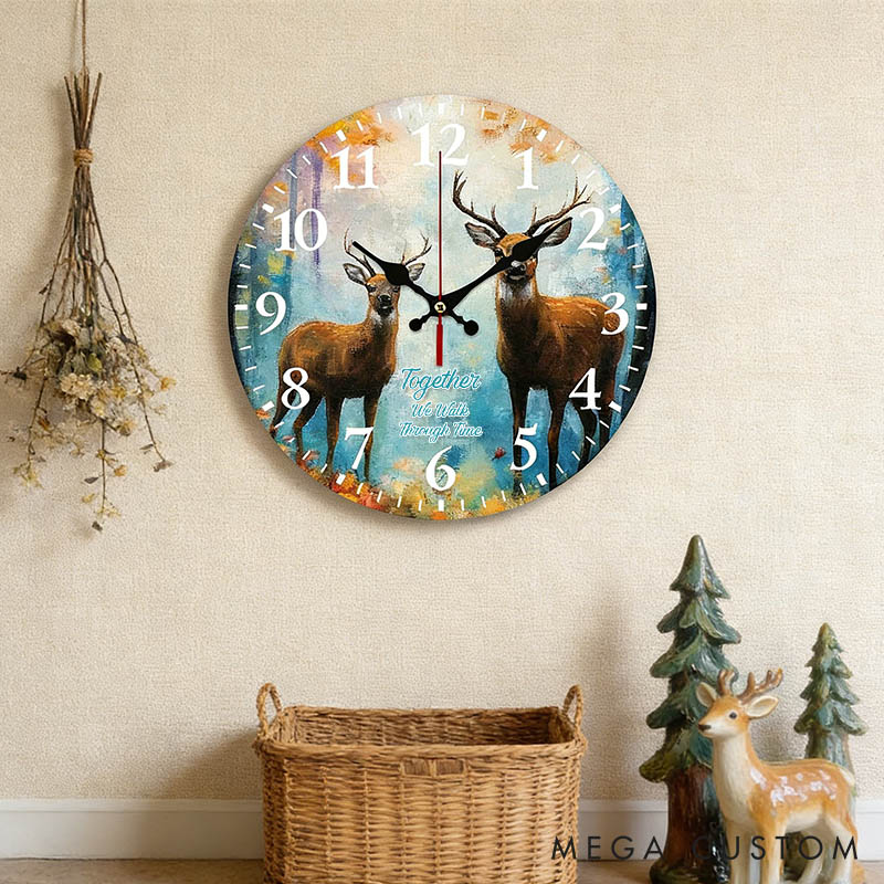 Personalized Deer Couple Together We Walk Through Time Wall Clock Custom Watercolor Style Wall Clock Anniversary Valentines Day Gift for Him Her