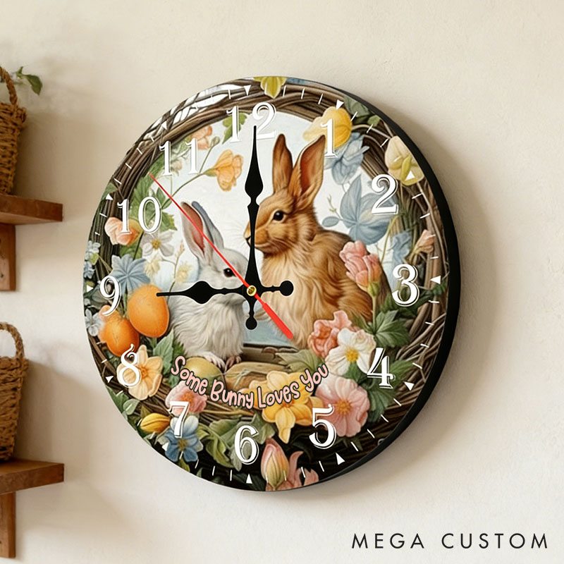 Personalized Couple Some Bunny Loves You Wall Clock Custom Easter Floral Bunny with Eggs Wall Clock with Text Easter Gift for Him Her Anniversary
