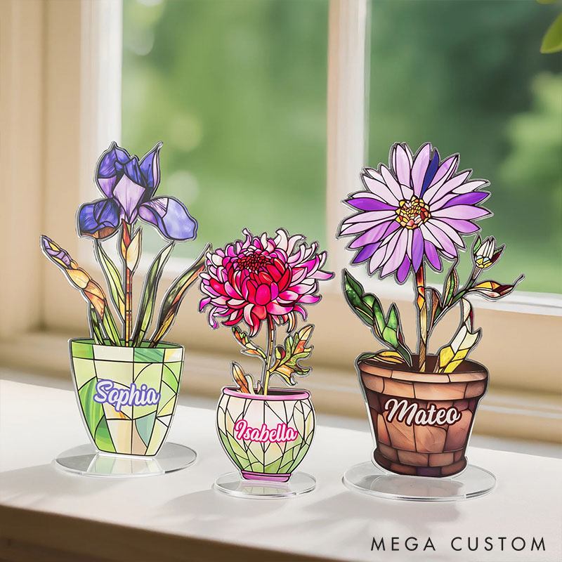 Personalized Faux Stained Glass Birth Flower Pot Acrylic Plaque with Name Home Decor Anniversary Birthday Gift for Couple Besties