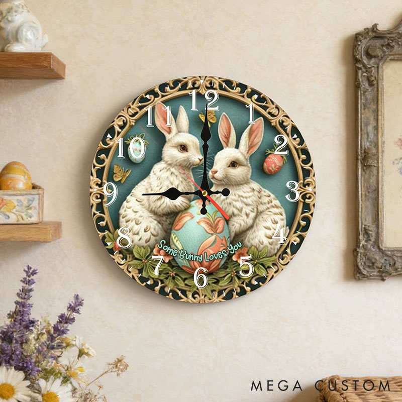 Personalized Couple Some Bunny Loves You Wall Clock Custom Easter Charming Bunny with Eggs Wall Clock with Text Couple Easter Gift for Him Her