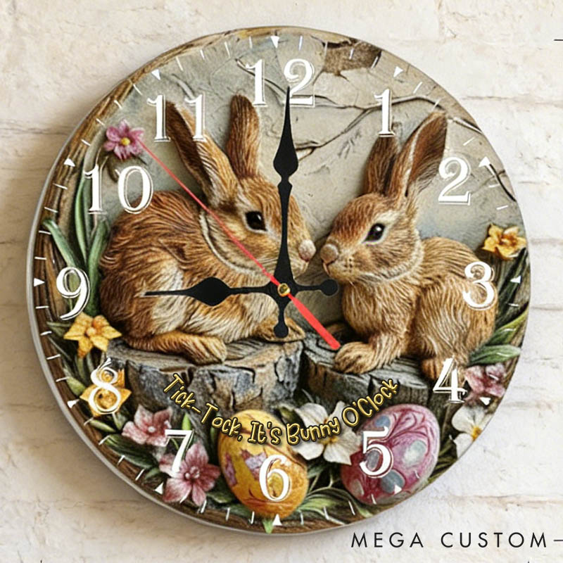 Personalized Couple Tick-Tock It’s Bunny O'Clock Wall Clock Custom Easter Bunny 3D Effect Wall Clock with Text Couple Easter Gift for Him Her