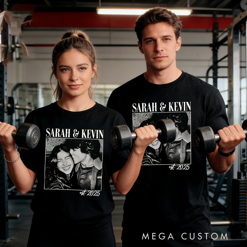 Personalized Weightlifting Couple Classic T-Shirt  Couple Shirt Custom Photo Engagement Comfort Colors Shirt Vintage Couple Picture Shirt for Gym Lover