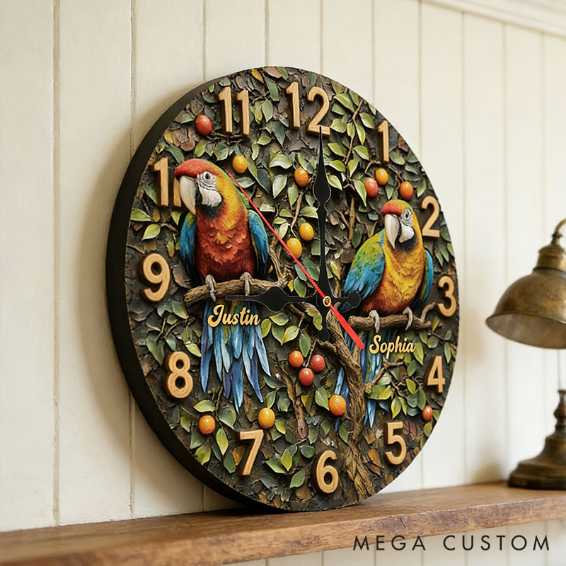 Personalized Parrot Couple Wall Clock Custom Couple Bird on a Branch 3D Effect Wall Clock with Name Couple Anniversary Valentines Day Gift for Him Her