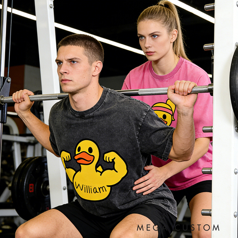 Personalized Washed T-Shirts Fitness Couple Funny Muscle Arm Duck with Name T-Shirt for Gym Lovers