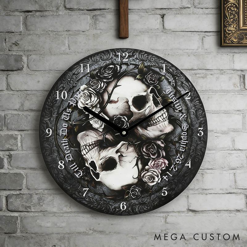 Personalized Skull Couple Till Death Do Us Part Wall Clock Custom Retro Gothic Style 3D Effect Wall Clock Anniversary Gift Valentine's Day Gift
